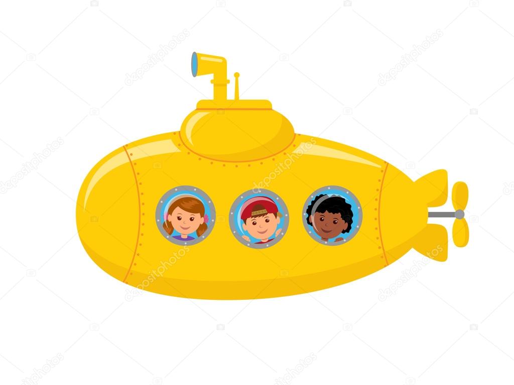 Yellow submarine with children on board. Children looking at the