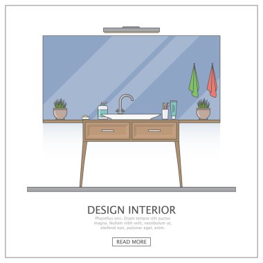 Büyük ayna banyo. Anahat düz stil banyo modern iç mekan tasarımları.