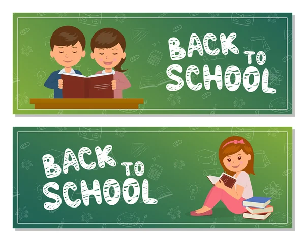 Back to school. Two isolated horizontal banner with the students. Can be used as a template for the bookmark, web header, banner and flyer. — Stock Vector