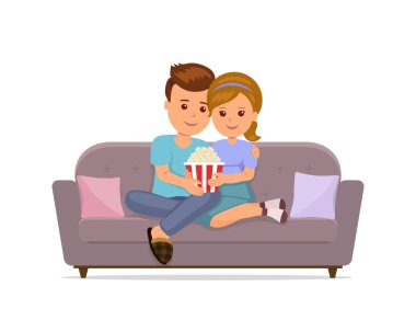 Kanepe sarılma üzerinde oturan çift, patlamış mısır yemek ve Tv. erkek ve kadın birlikte izlerken akşamları rahat kanepede rahatlatıcı. İzole vektör çizim.