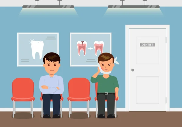 Dental office. Patiënten receptie naar de tandarts te wachten. Jongen met een zwelling van de Wang en een pleister. Man te wachten voor de jaarlijkse controle bij de tandarts. Behandeling en verzorging van tanden. — Stockvector