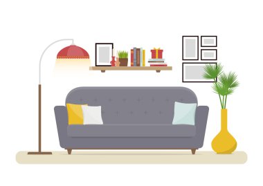 İç tasarım. Gri kanepe, vazo, kitap ve zemin lamba ile raf ile modern oturma odası. Düz stil iç daire. İzole vektör çizim rahat iç beyaz zemin üzerine.