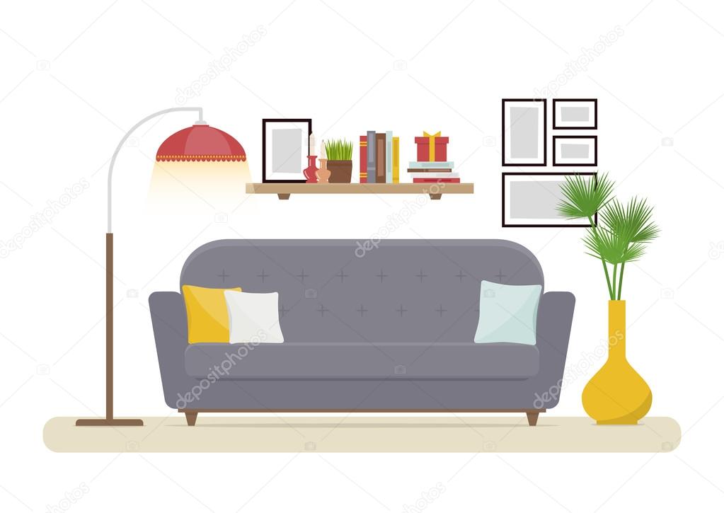 Interior Design. Modern living room with grey sofa, vase, shelf with books and floor lamp. Apartment interior in the flat style. Isolated vector illustration cozy interior on the white background.