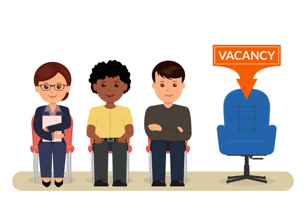 Vacature. Cartoon mensen zitten op stoelen in afwachting van een interview voor de werkgelegenheid. Werving. — Stockvector