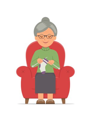 Örgü. Rahat bir koltuk örgü içinde oturan büyükanne. Bir rahat kırmızı sandalye örgü şu yaşlı kadın eğlence. Düz stil izole vektör çizim.