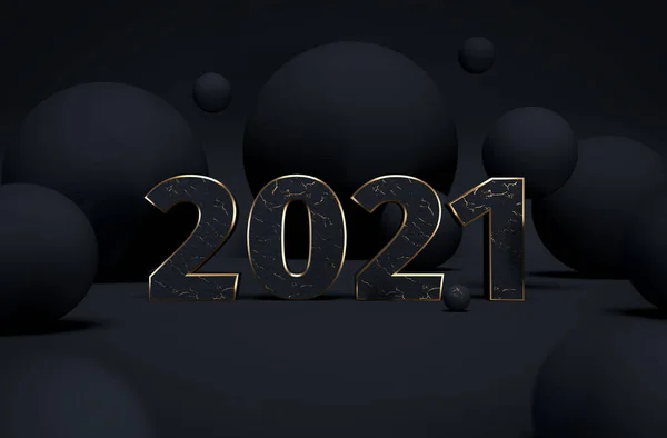 2021 3D球で黒と金の抽象的な背景。クリスマスの贅沢最小限の概念。新年の装飾デザイン。3Dレンダリング。3Dイラスト. — ストック写真