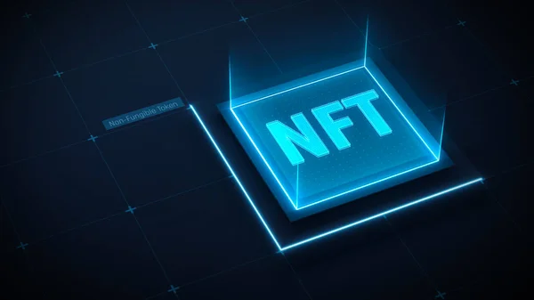 NFT sanat konsepti. Para iadesi olmayan jetonlar. Kripto sanatı. Engelleme teknolojisi geçmişi. Mavi neon ikonlu NFT teknolojisi. 3 boyutlu görüntüleme. 3d illüstrasyon.