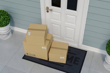 Giriş kapısının yanındaki paspasın üzerindeki kutular. Paket teslimat servisi. İnternet alışverişi, online alışverişler, e-ticaret, nakliye hizmeti konsepti. 3D görüntüleme. 3d illüstrasyon.