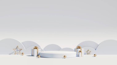 Marka ve ambalaj sunumu için Noel podyumu. Hediye kutuları ve altın yıldızlı beyaz ürün sergisi. Noel gösterisi. Kozmetik ve moda. 3 boyutlu illüstrasyon. 3d hazırlayıcı.
