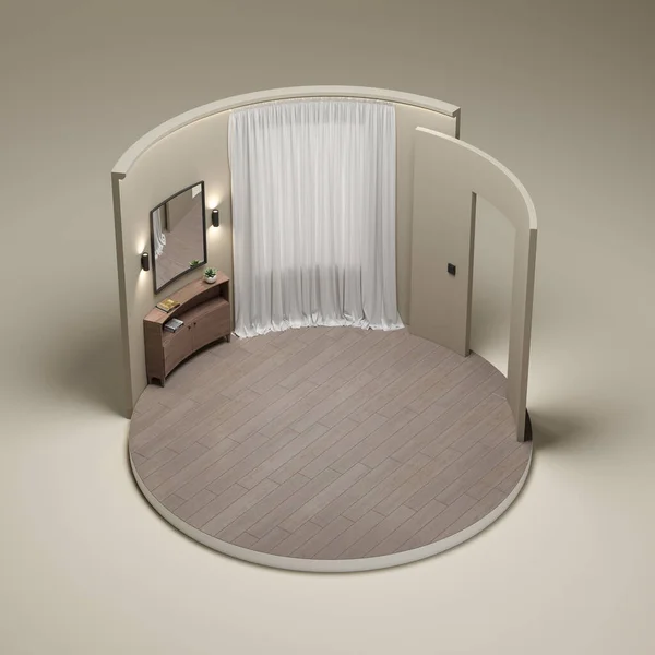 Mall för miniatyr vardagsrum. Banner renoveringen i rummet. Modern cirkulär komposition för inredning. 3D-återgivning. 3D-illustration. — Stockfoto