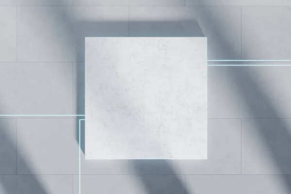 Футуристичний квадратний бетонний подіум з неоновим світлом та лініями. Бізнес-технології збираються для брендингу та презентації. Вид зверху. 3D рендеринг. 3d ілюстрація . — стокове фото