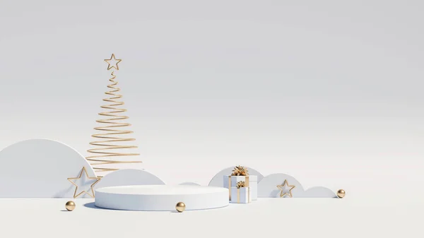 Marka ve ambalaj sunumu için Noel podyumu. Hediye kutuları, Noel ağacı ve karlı ürün sergisi.