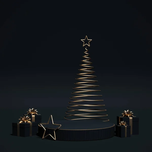 Luxus-Podium mit Geschenkschachteln, Weihnachtsbaum und Stern für Branding und Verpackungspräsentation. — Stockfoto