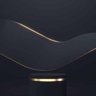 3D soyut boş podyum, kaide, dükkan ürünleri standı, fotokopi alanı olan koyu lacivert arka plan, kurdele şeritli vitrin. Modern minimal 3B görüntüleme şablonu.