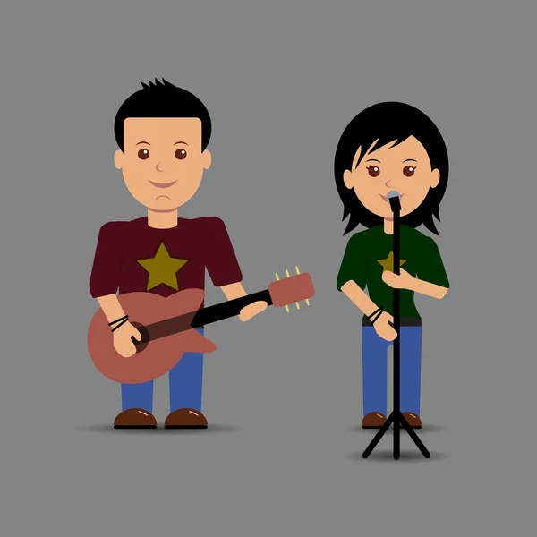 Девочка и мальчик поют и играют на гитаре вместе . — стоковый вектор
