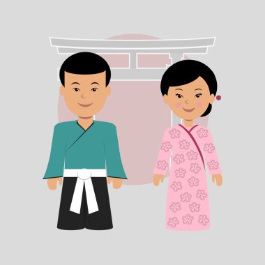 Man and woman in Japanese costumes clipart