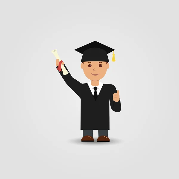 Feliz graduado con un diploma en la mano, en el día de la graduación — Vector de stock
