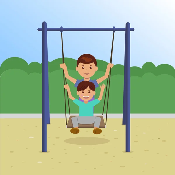 Anak-anak di Swing In the Park - Stok Vektor