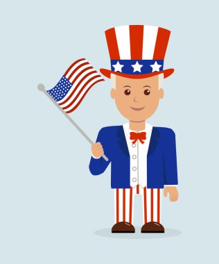 Bir Amerikan bayrağı vatansever bir adamla bir karikatür çizimi