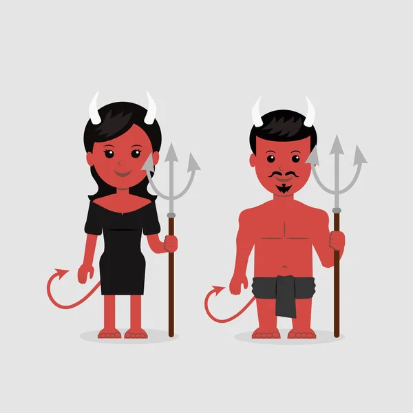 Homme et femme en costume de diable avec un trident — Image vectorielle