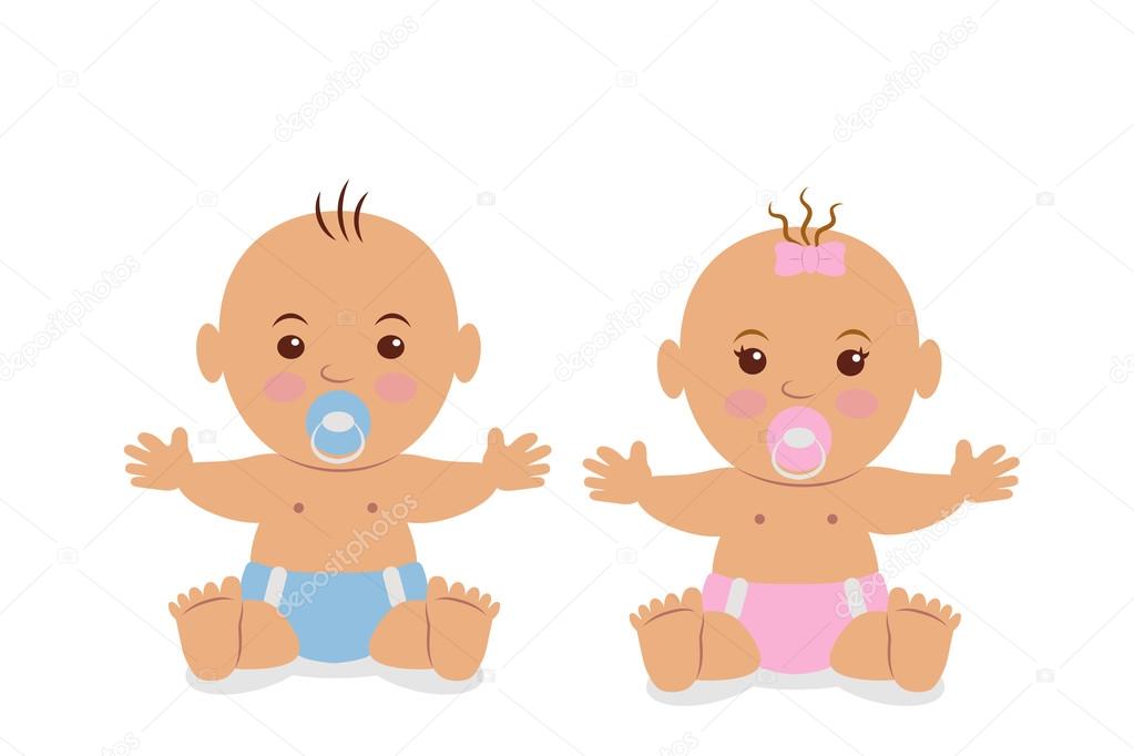 Two cute baby in diapers with a pacifier