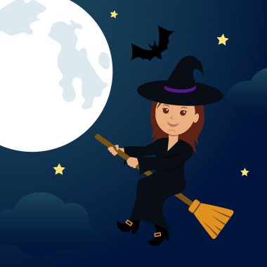 Geceleri, bir süpürge üzerinde uçan dolunay cadı.