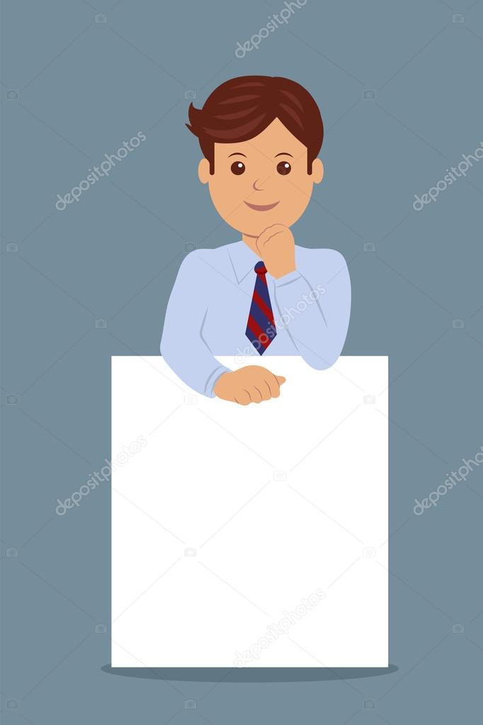 Businessman and blank white banner. 