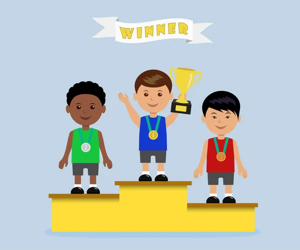 Atletas en el podio de ganadores con medallas en la copa . — Vector de stock