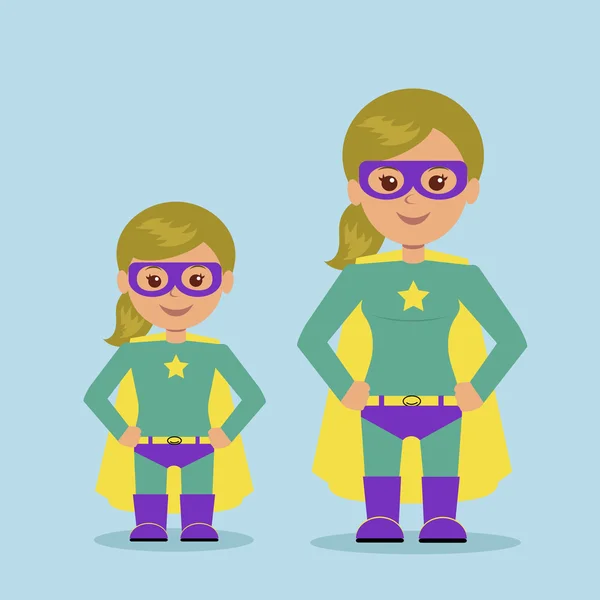 Matka i córka przebrany za superbohatera. — Wektor stockowy