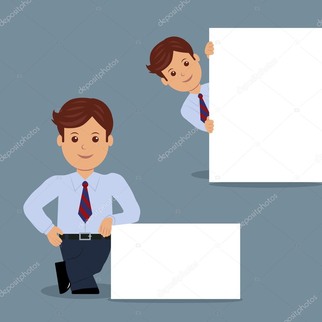 Set of businessman with blank white banner in various action.