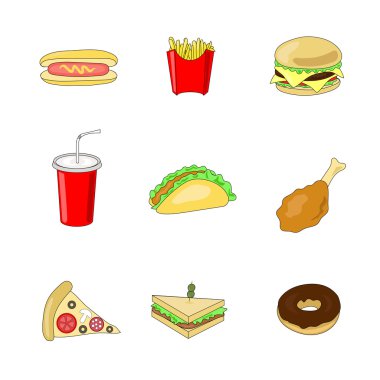 renkli karikatür fast food simge kümesi.