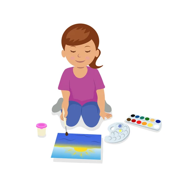 Teen girl sitting and painting a landscape. — Stock Vector