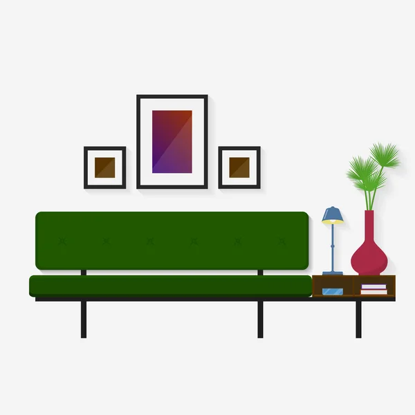 書籍の便利な棚と近代的な緑のソファ — ストックベクタ