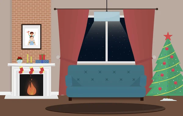 Christmas room with fireplace and presents. Luxury design interior living room. Warm cozy fireplace decorated for Christmas Royalty Free Stock Vectors