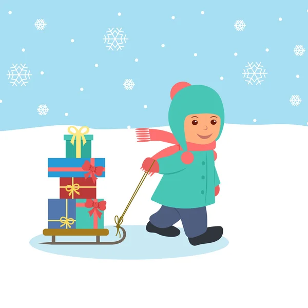 The boy pulls a sled with gifts. — Stock Vector