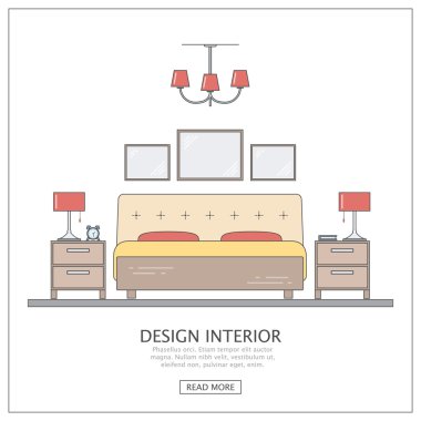 Tasarım iç yatak odası. Modern mobilya ile ince bir çizgi. Web sitesi veya Infographic anahat için kavram