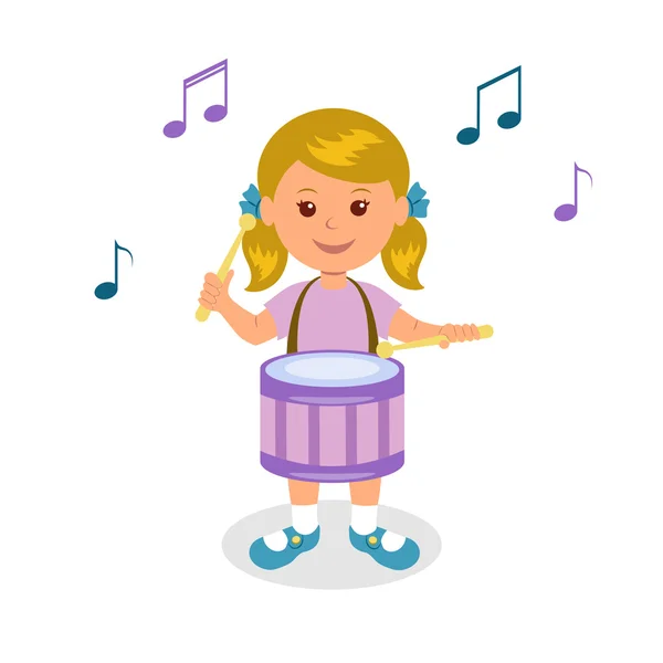 Une fille qui joue du tambour. Isolé sur fond blanc joyeux bébé jouant du tambour — Image vectorielle