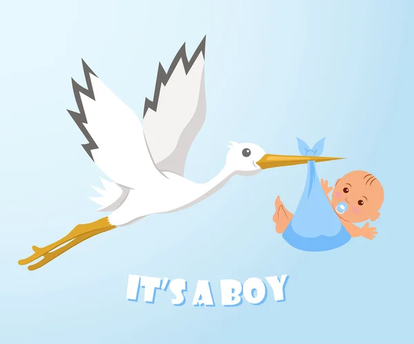 コウノトリと赤ちゃん。おむつの赤ちゃんを運ぶコウノトリ — ストックベクタ