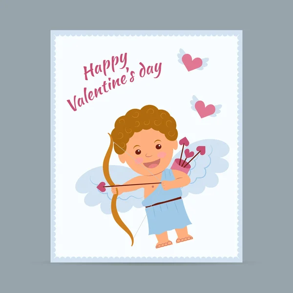 O conceito de cartões de saudação para o Dia dos Namorados em estilo plana. Cupido atira flechas de amor — Vetor de Stock