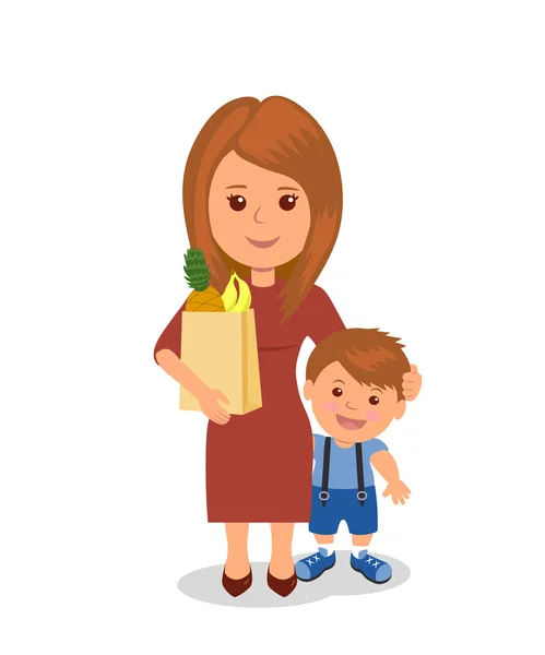 Madre e bambino shopping. Concetto infografica corretta alimentazione — Vettoriale Stock