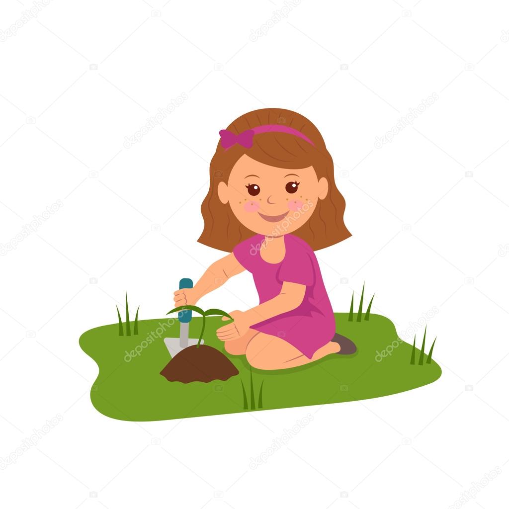 Cute girl planting flowers. Illustration of Ecology and Environmental Protection