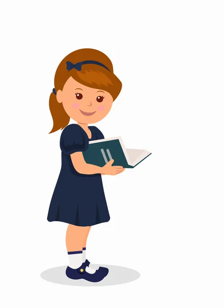 Cute little girl in a dark blue dress reading a book. Isolated character child standing with a book — Stock Vector