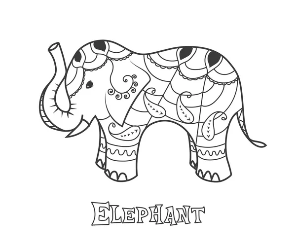 Un éléphant indien. Éléphant stylisé dessiné à la main avec ornement ethnique tribal décoratif — Image vectorielle