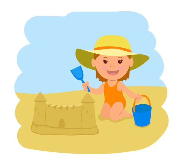 Uma menina constrói um castelo de areia. Ilustração vetorial das férias de verão no mar —  Vetores de Stock