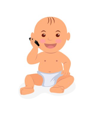 Oturma ve telefonda konuşurken yürümeye başlayan çocuk. Düz stil telefon ile oynarken illüstrasyon bebek