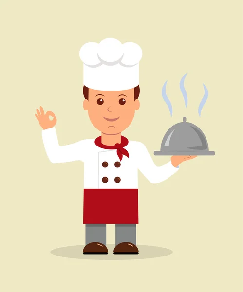 Joven chef profesional. Un personaje de chef feliz de dibujos animados sosteniendo un plato . — Vector de stock