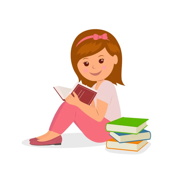 Cute girl in pink is sitting and reading a book. Concept design back to school in a flat style. — Stock Vector