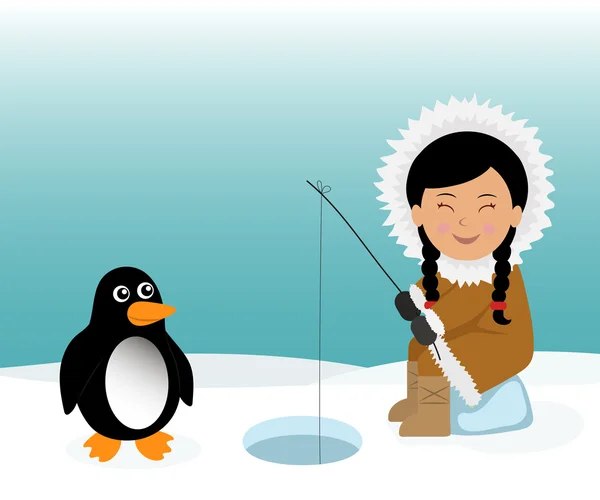 Eskimo and penguin fishing for fish. Concept background trip to Greenland — Stock Vector