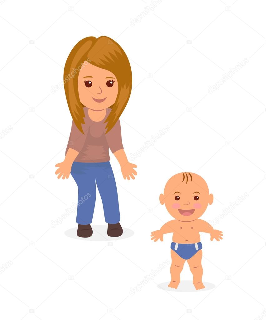 Young mom helps his baby to make the first steps. Child learning to walk. Concept design, isolated characters mother and baby
