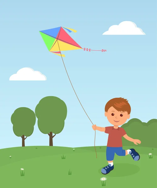 Vrolijke jongen genieten van vliegende kite — Stockvector